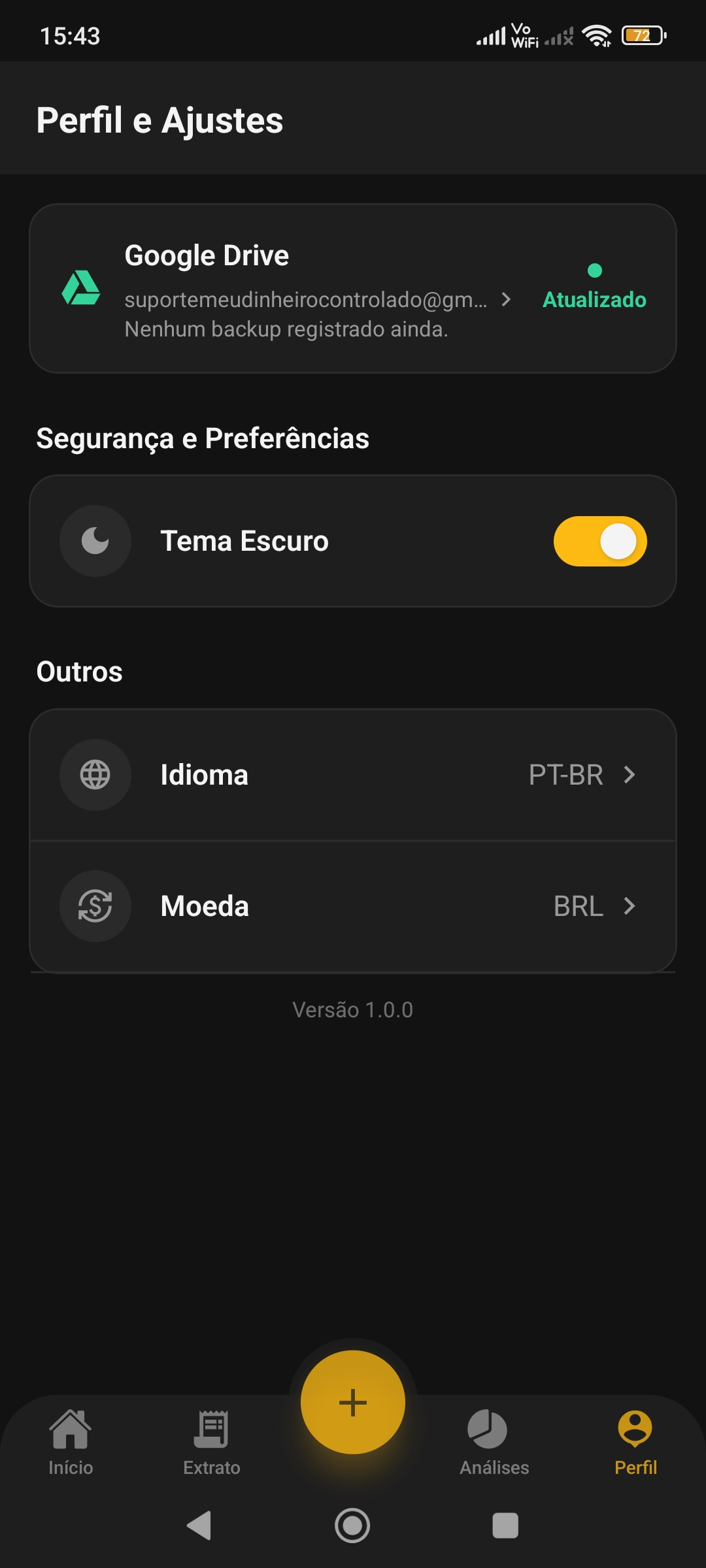 Tela de configurações do MyMoneyUnderControl no tema escuro