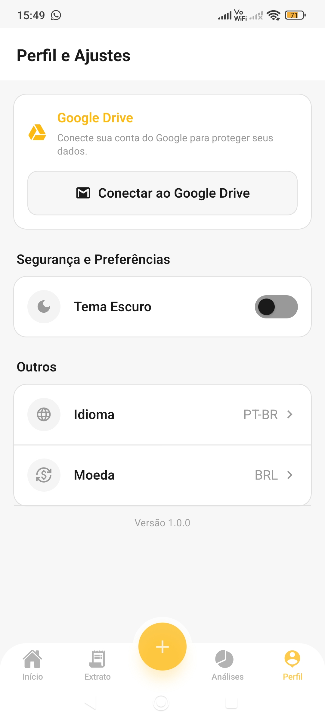 Tela de configurações do MyMoneyUnderControl no tema claro