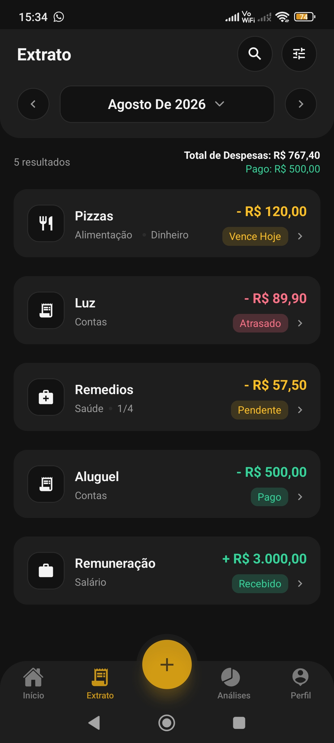 Statement screen of MyMoneyUnderControl, with incomes and expenses organized