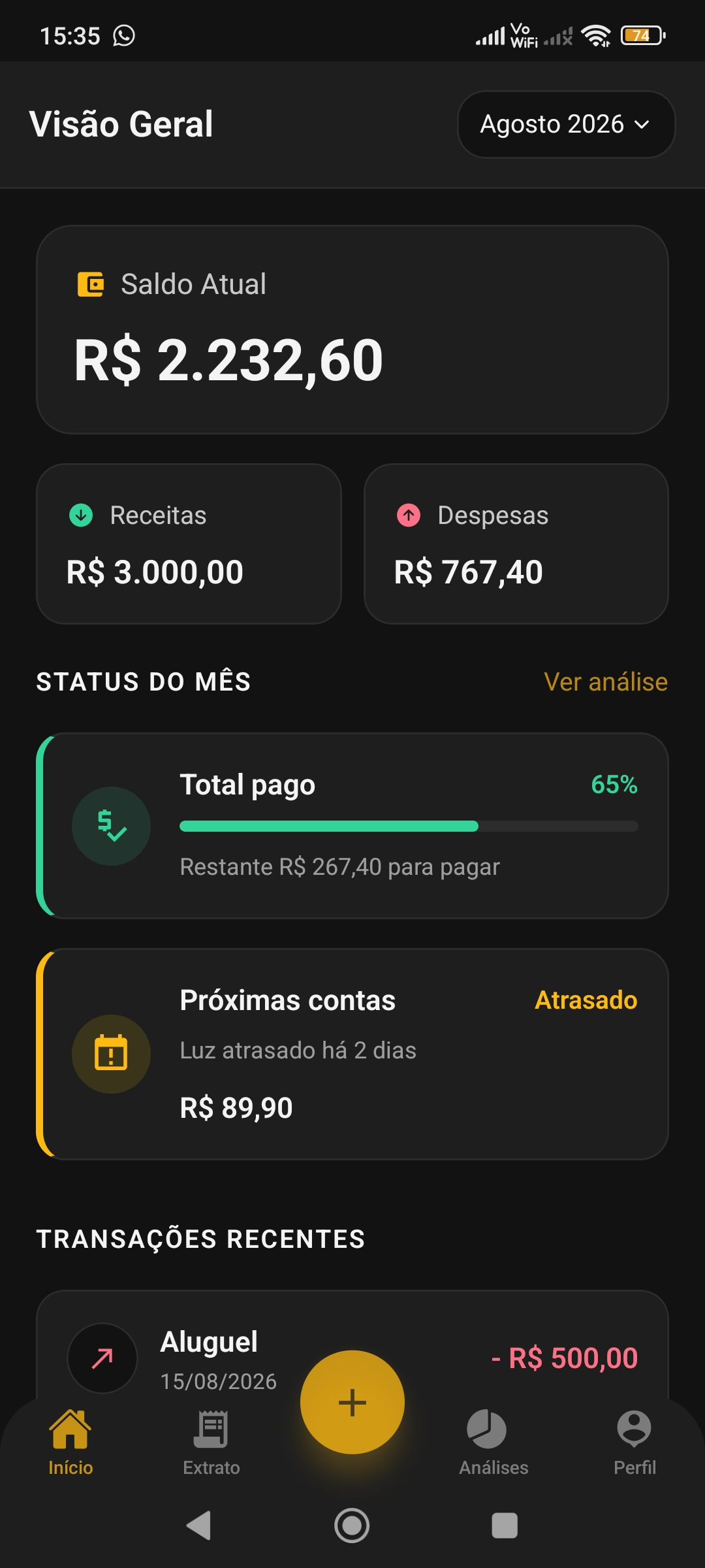 Home screen of MyMoneyUnderControl, with balance, income, expenses and monthly tracking